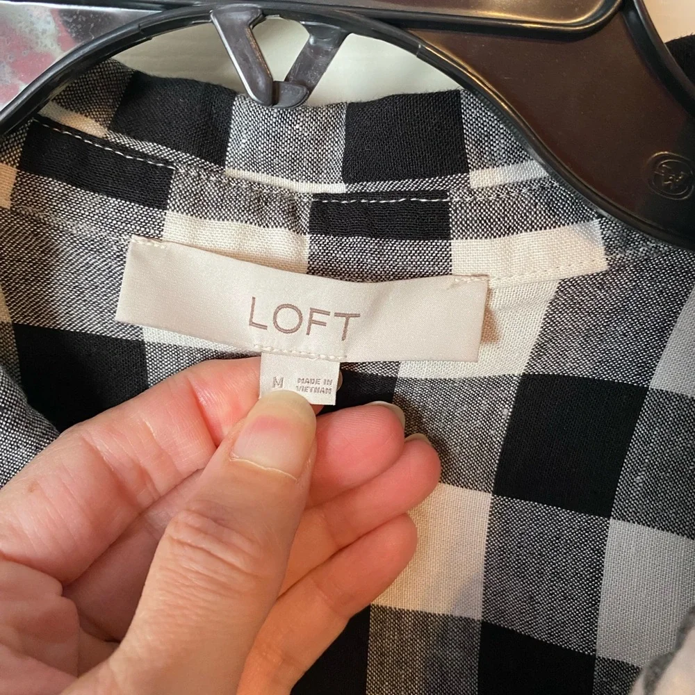 Loft black and white gingham half button blouse. Gently used - Picture 4 of 6